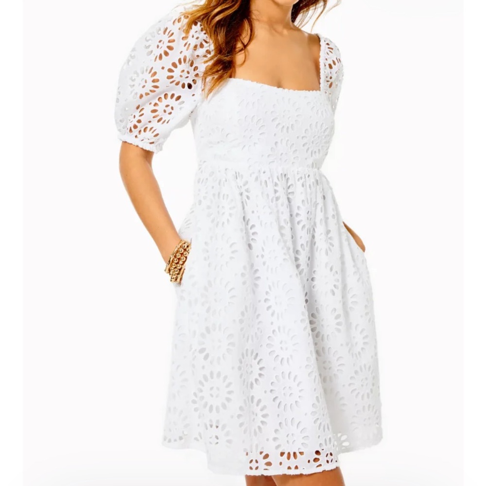 Lilly Pulitzer Kay Short Sleeve Eyelet Dress in Resort White Pinwheel 2